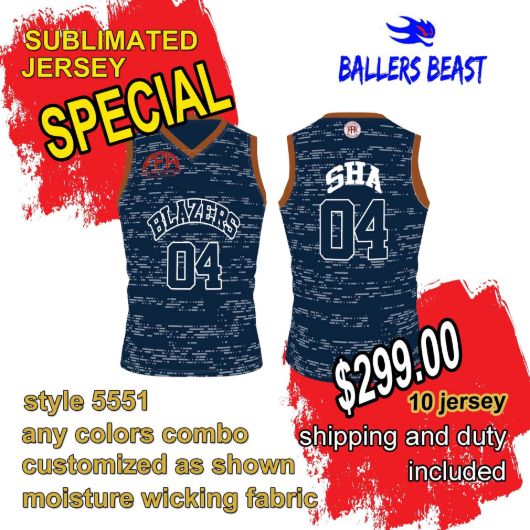 Picture of Lot of 10 Basketball Jersey Fully Decorated in a Sublimated Design. Style 5551 Special.