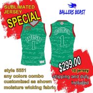 Picture of Lot of 10 Basketball Jersey Fully Decorated in a Sublimated Design. Style 5551 Special.