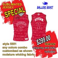 Picture of Lot of 10 Basketball Jersey Fully Decorated in a Sublimated Design. Style 5551 Special.